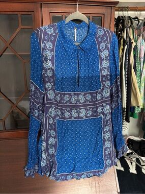 Free People Royal Blue Paisley Tie-Neck Blouse